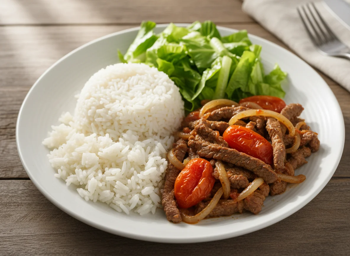 Prato completo com carne, arroz e salada photo