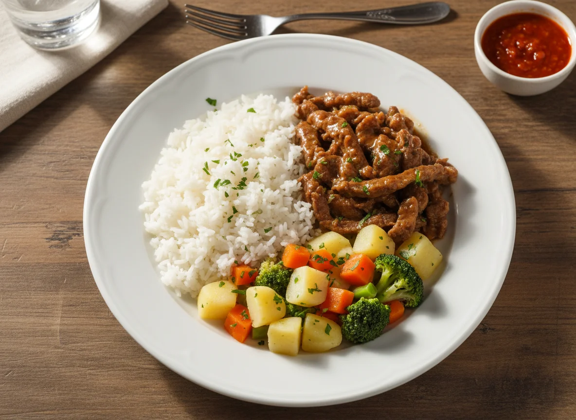 Prato completo com carne, arroz e vegetais photo