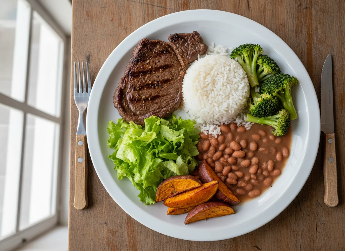 Prato completo com carne, arroz, feijão, brócolis, batata doce e alface photo