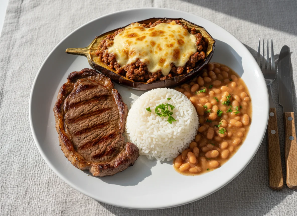 Prato completo com carne, arroz, feijão e berinjela recheada photo
