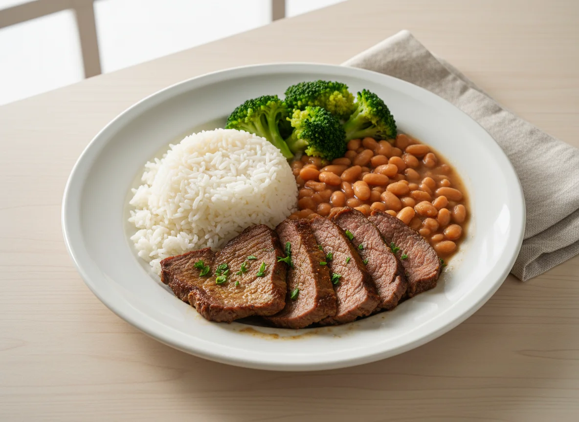 Prato completo com carne, arroz, feijão e brócolis photo