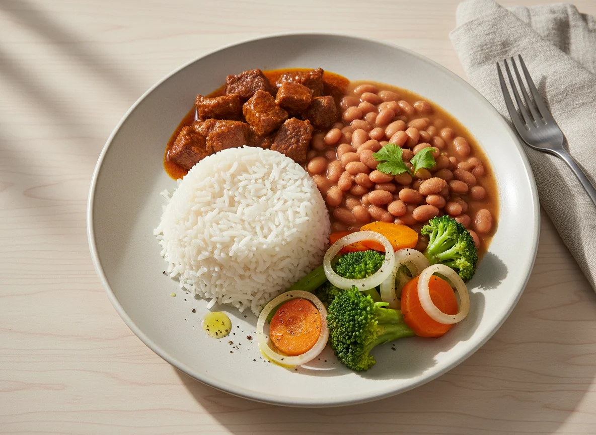 Prato completo com carne, arroz, feijão e legumes photo