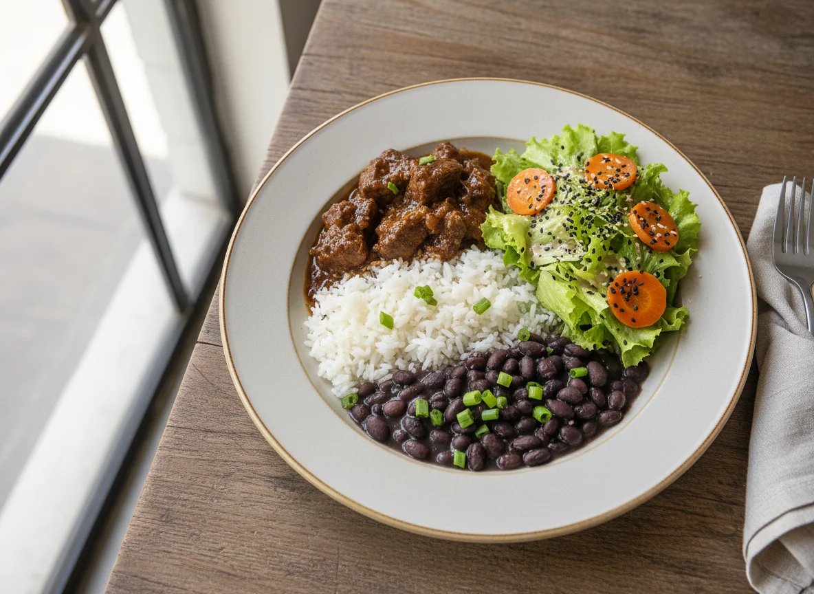 Prato completo com carne, arroz, feijão e salada photo