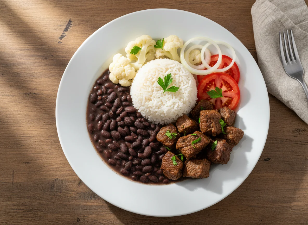 Prato completo com carne, arroz, feijão e vegetais photo