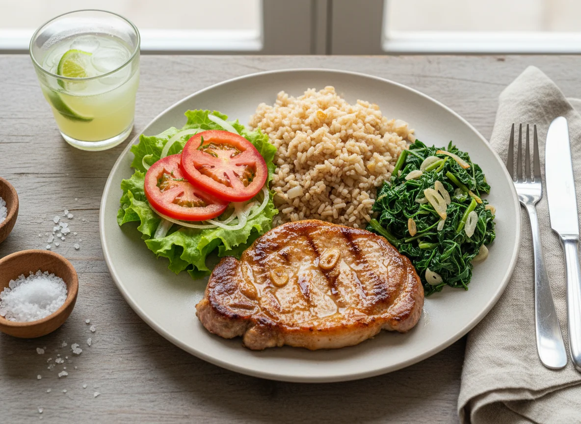 Prato completo com carne, arroz integral e couve refogada photo