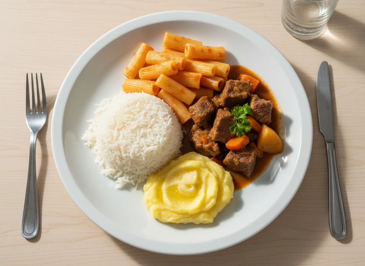 Prato completo com carne, arroz, massa e purê photo