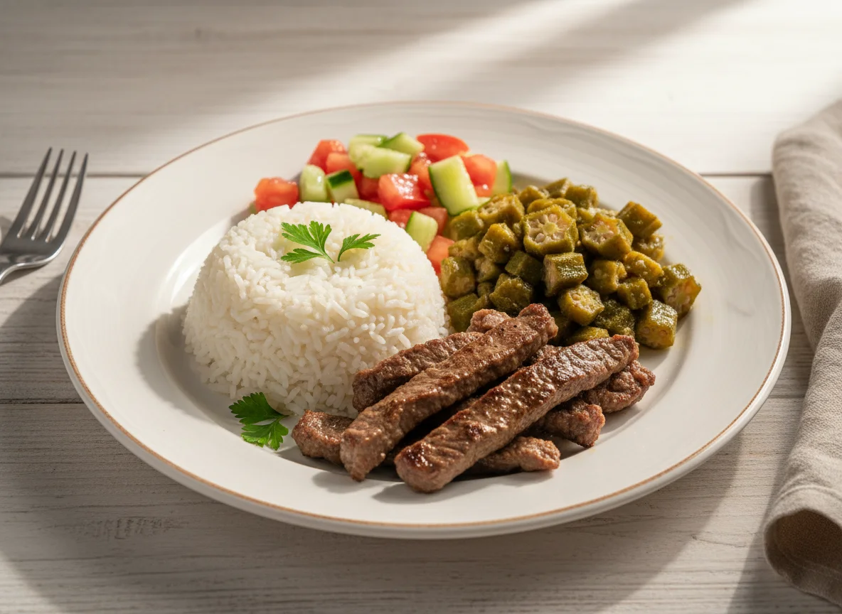 Prato completo com carne, arroz, quiabo e salada photo