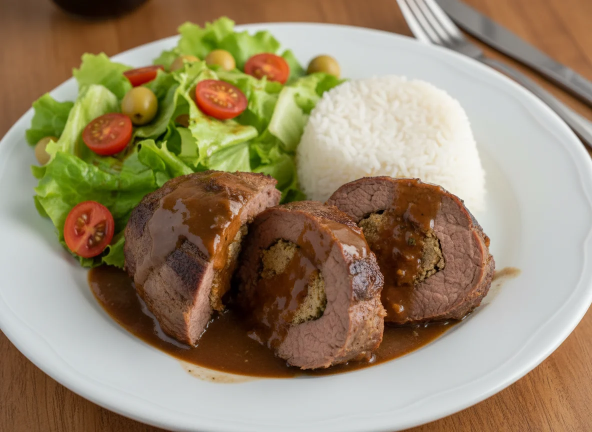 Prato completo com carne assada, arroz e salada photo