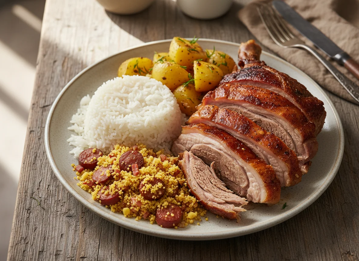 Prato completo com carne assada, arroz, farofa e batatas photo
