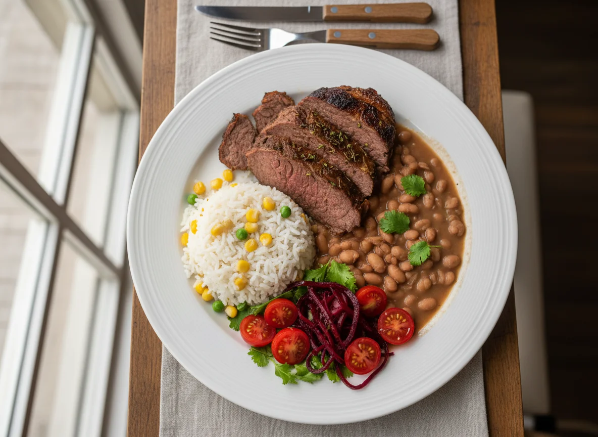 Prato completo com carne assada, arroz, feijão e salada photo