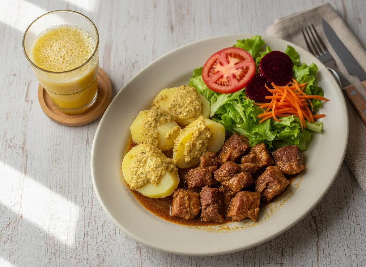 Prato completo com carne, batata, salada e suco photo