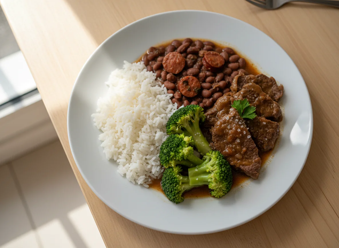 Prato completo com carne, brócolis, arroz e feijão photo