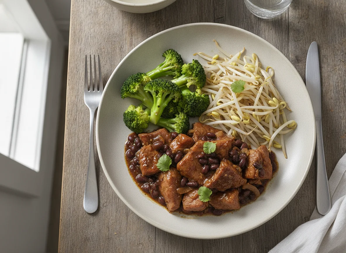 Prato completo com carne, brócolis e broto de feijão photo