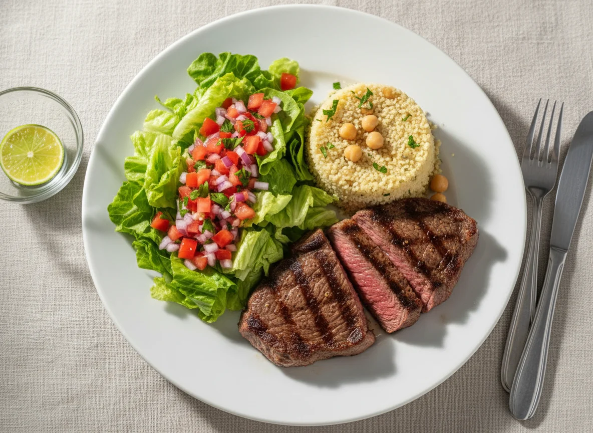 Prato completo com carne, cuscuz e salada photo
