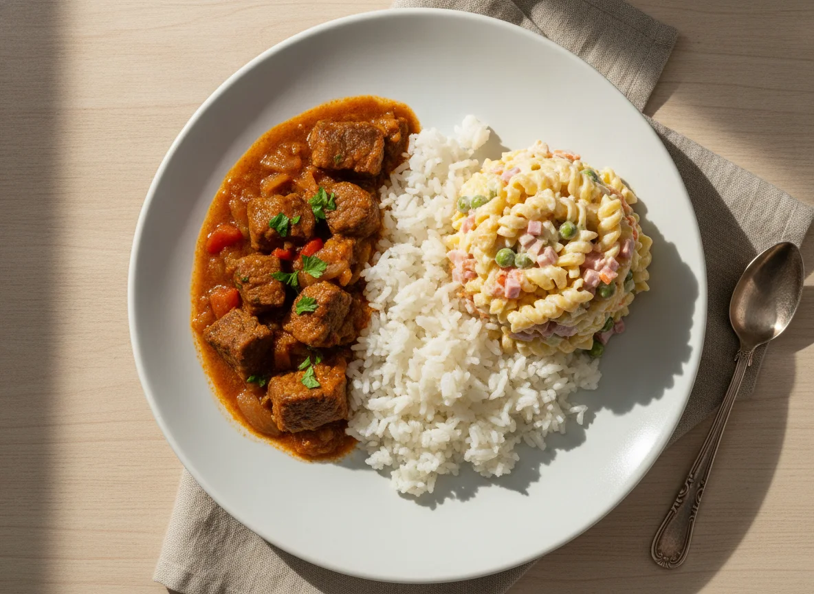 Prato completo com carne de panela, arroz e salada de macarrão photo