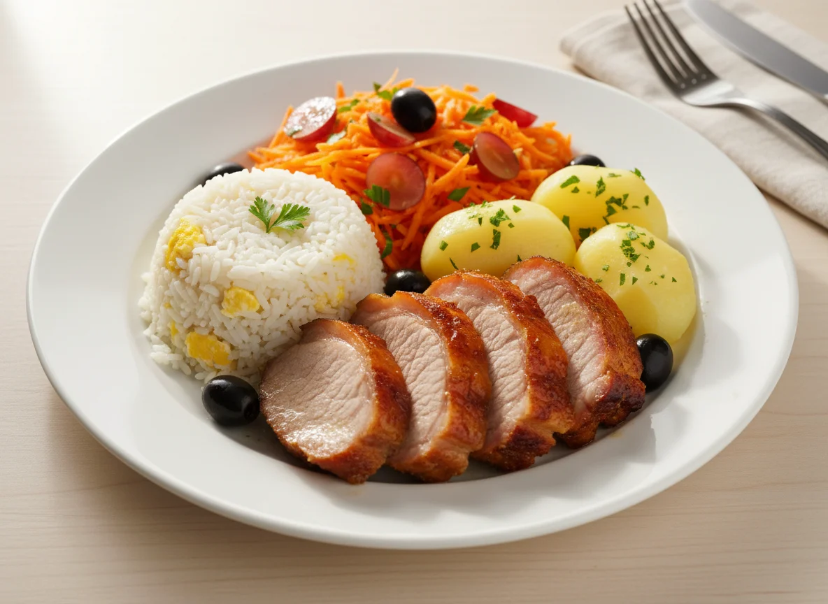 Prato completo com carne de porco, arroz, batatas e salada photo