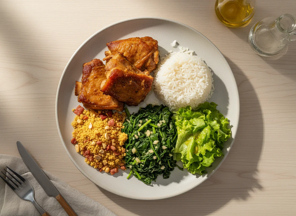 Prato completo com carne de porco, arroz, couve e salada photo