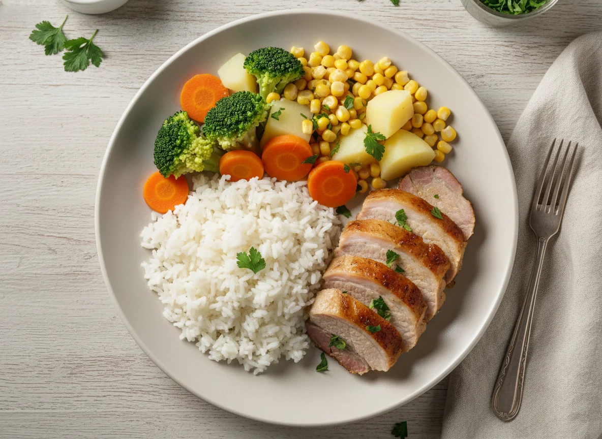 Prato completo com carne de porco, arroz e vegetais photo