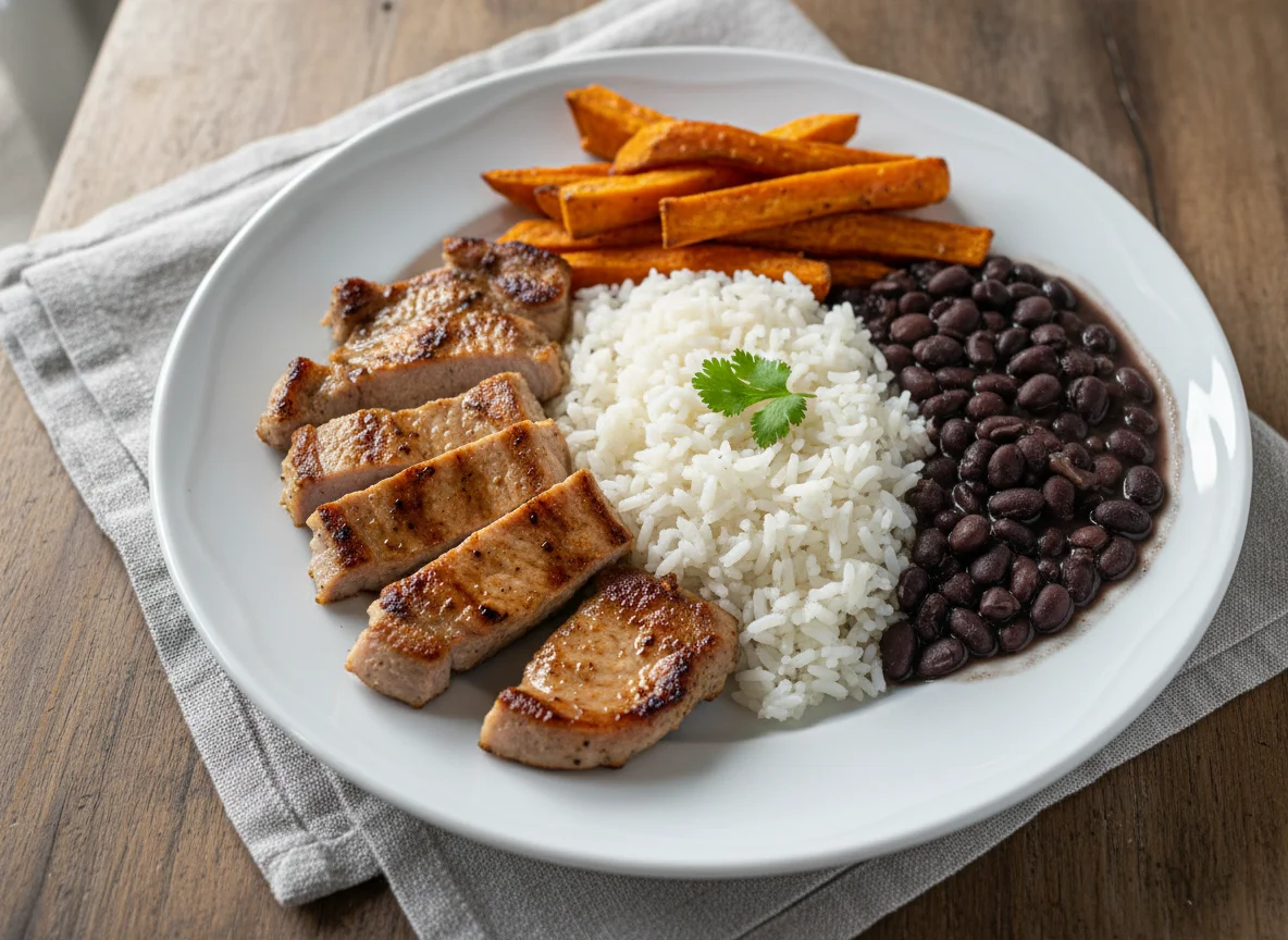 Prato completo com carne de porco, arroz, feijão e batata doce photo