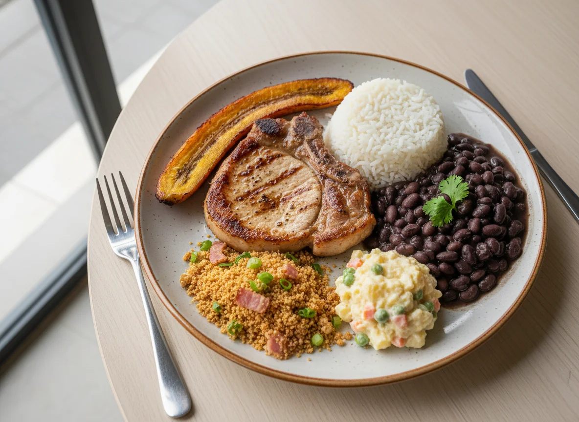 Prato completo com carne de porco, arroz, feijão, farofa e banana photo