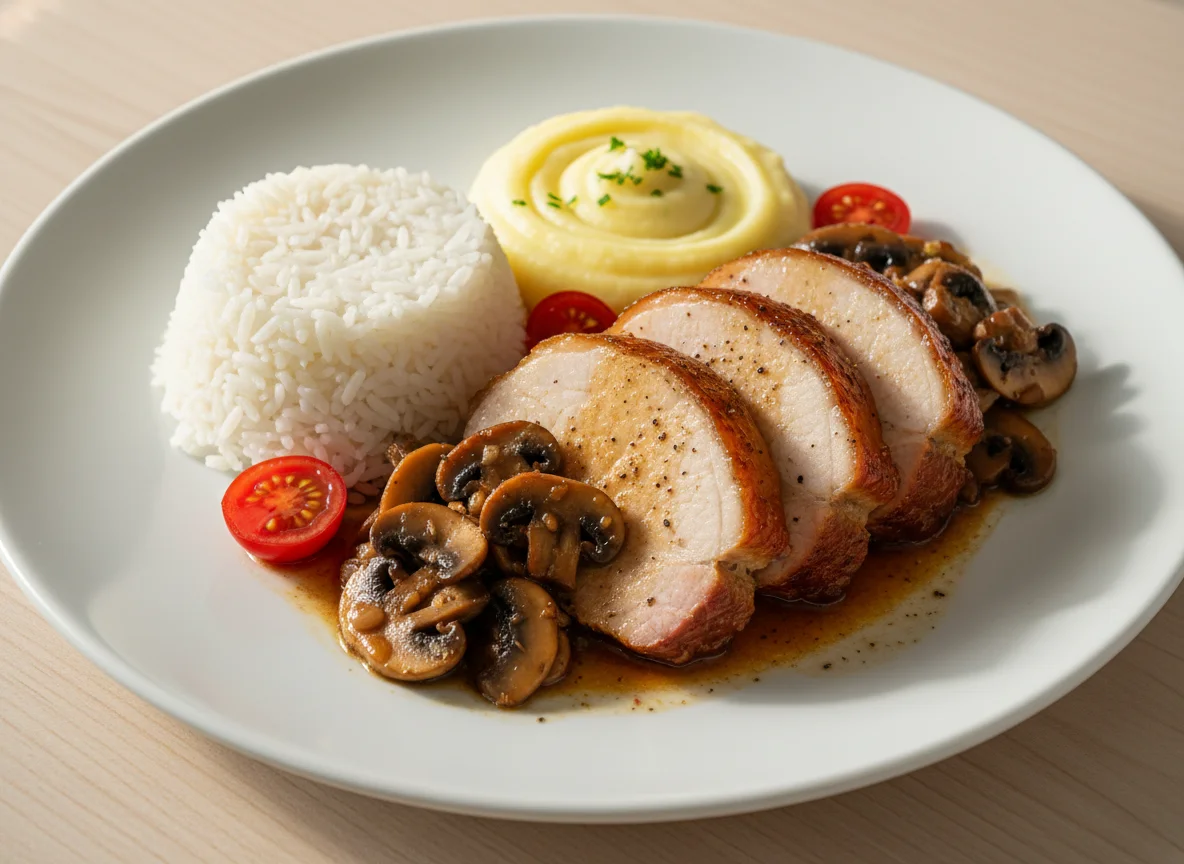 Prato completo com carne de porco, arroz, purê e cogumelos photo