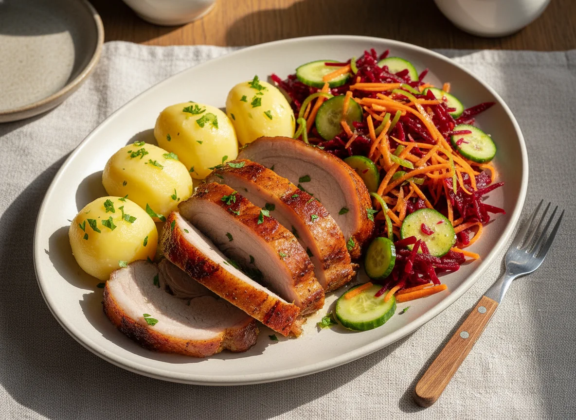 Prato completo com carne de porco, batatas e salada photo