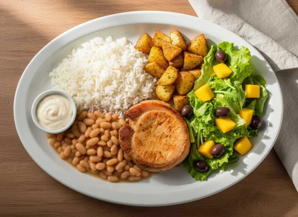 Prato completo com carne de porco, feijão, arroz, batata e salada photo