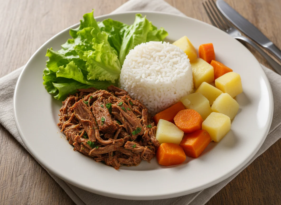 Prato completo com carne desfiada, arroz e vegetais photo