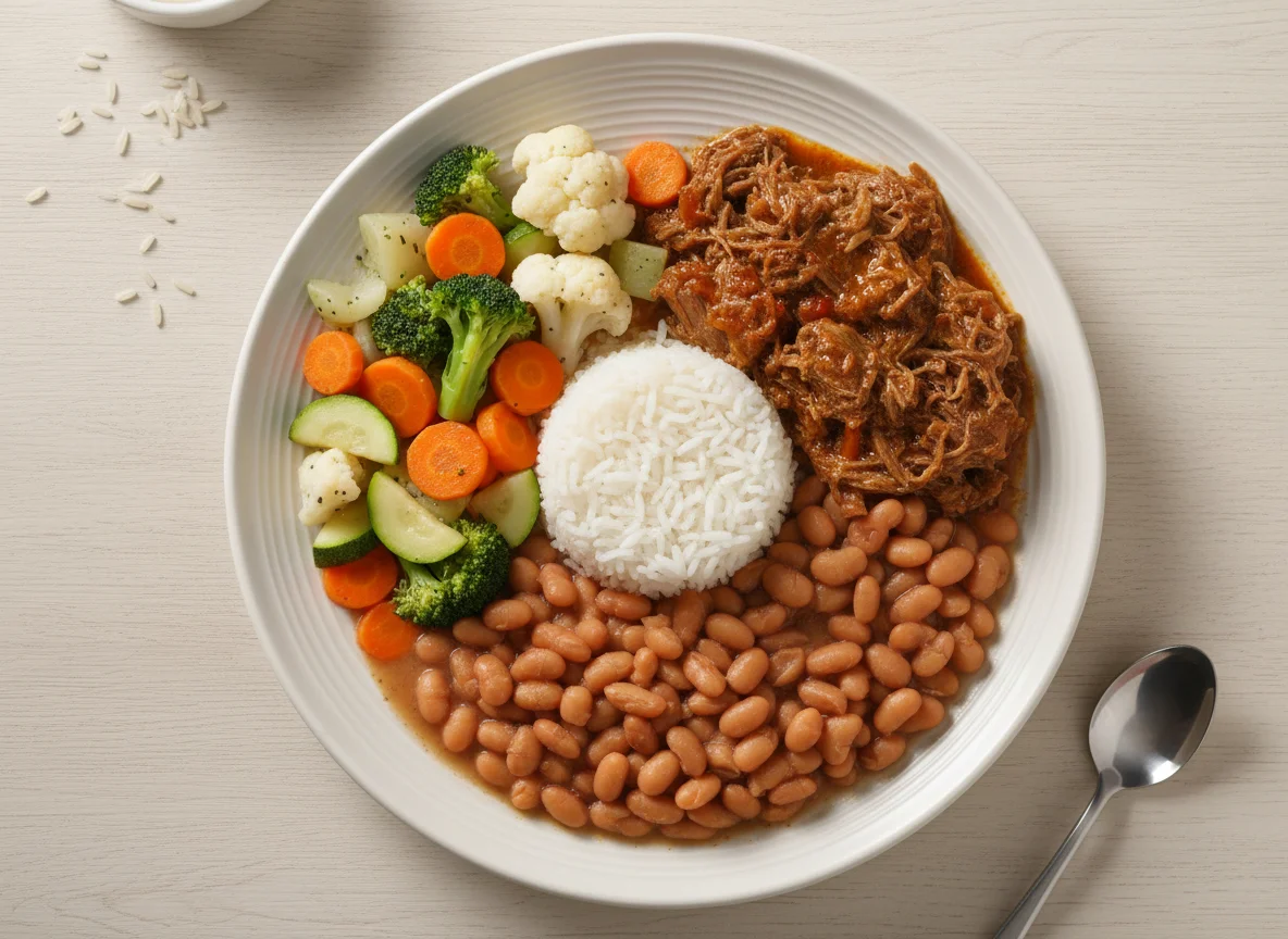 Prato completo com carne desfiada, arroz, feijão e vegetais photo