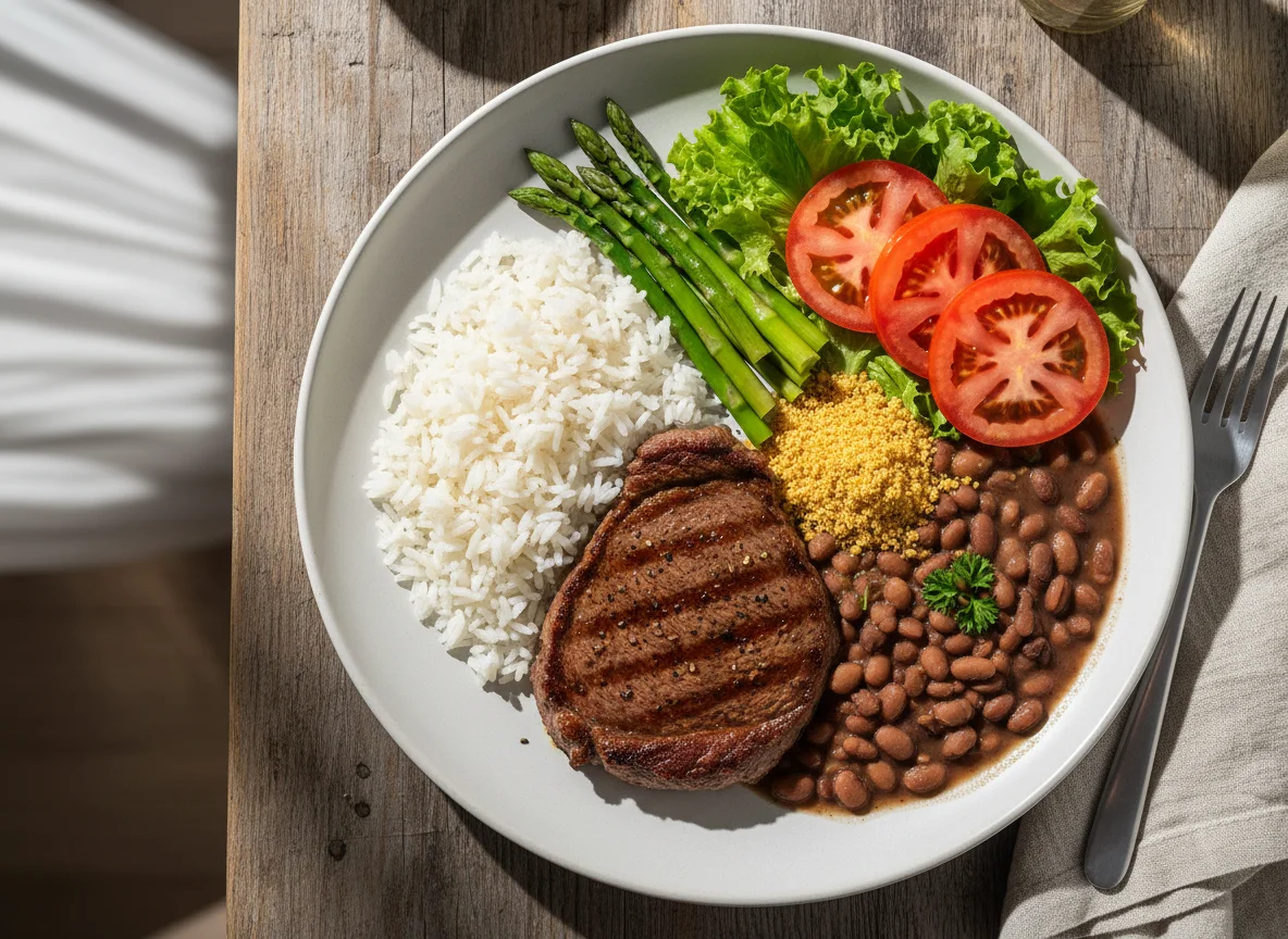 Prato completo com carne e acompanhamentos photo