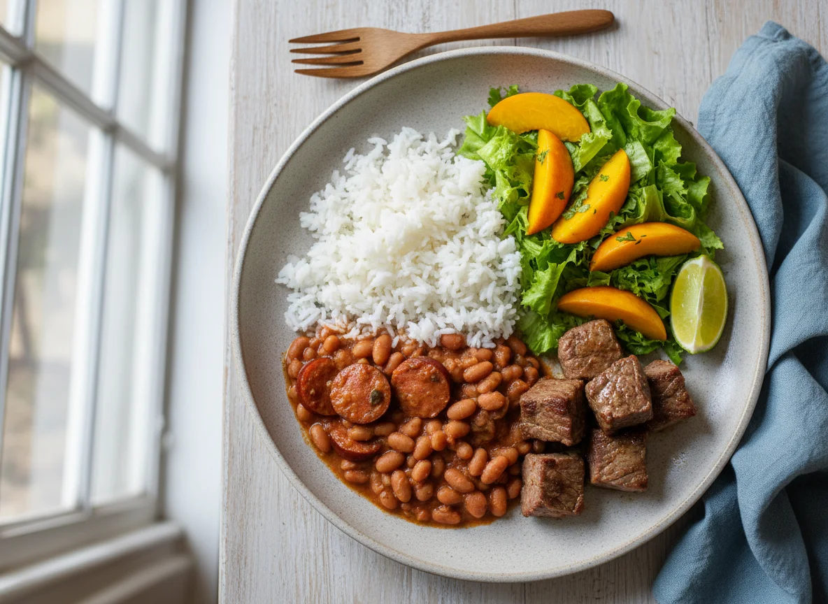 Prato completo com carne, feijão, arroz e salada photo