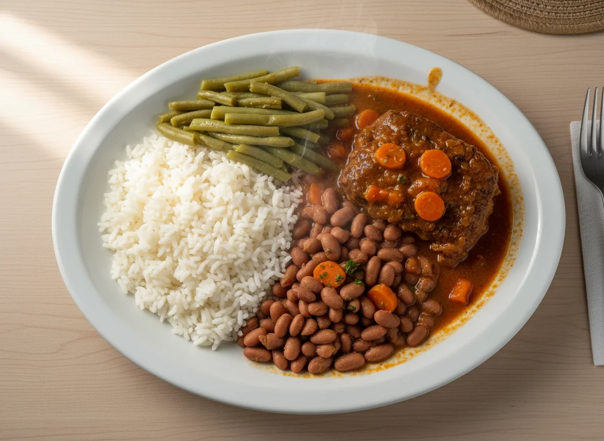Prato completo com carne, feijão, arroz e vagem photo