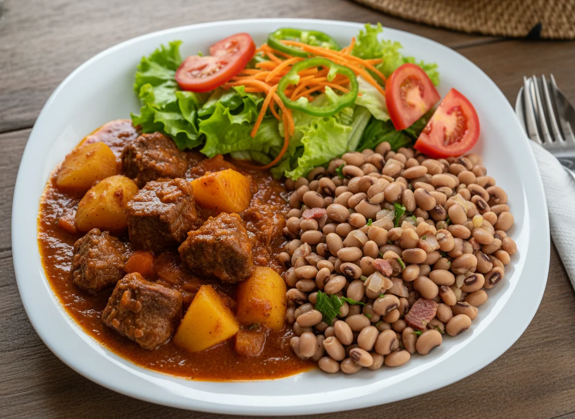 Prato completo com carne, feijão e salada photo