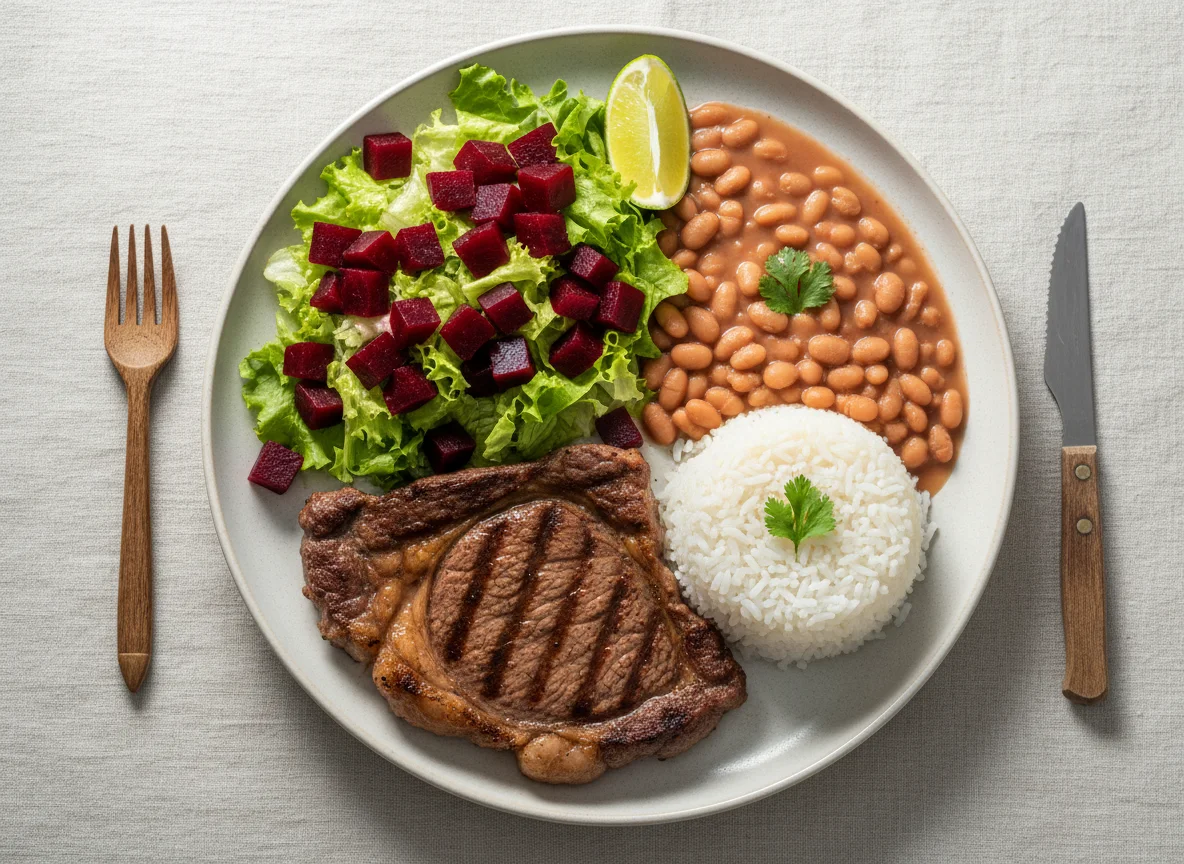 Prato completo com carne grelhada, arroz, feijão e salada photo