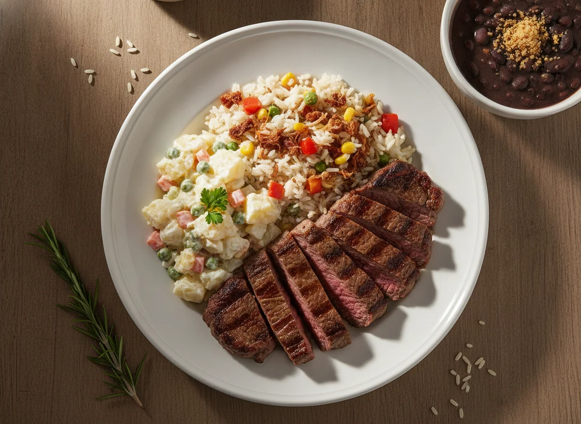 Prato completo com carne grelhada, salada de batata e arroz photo