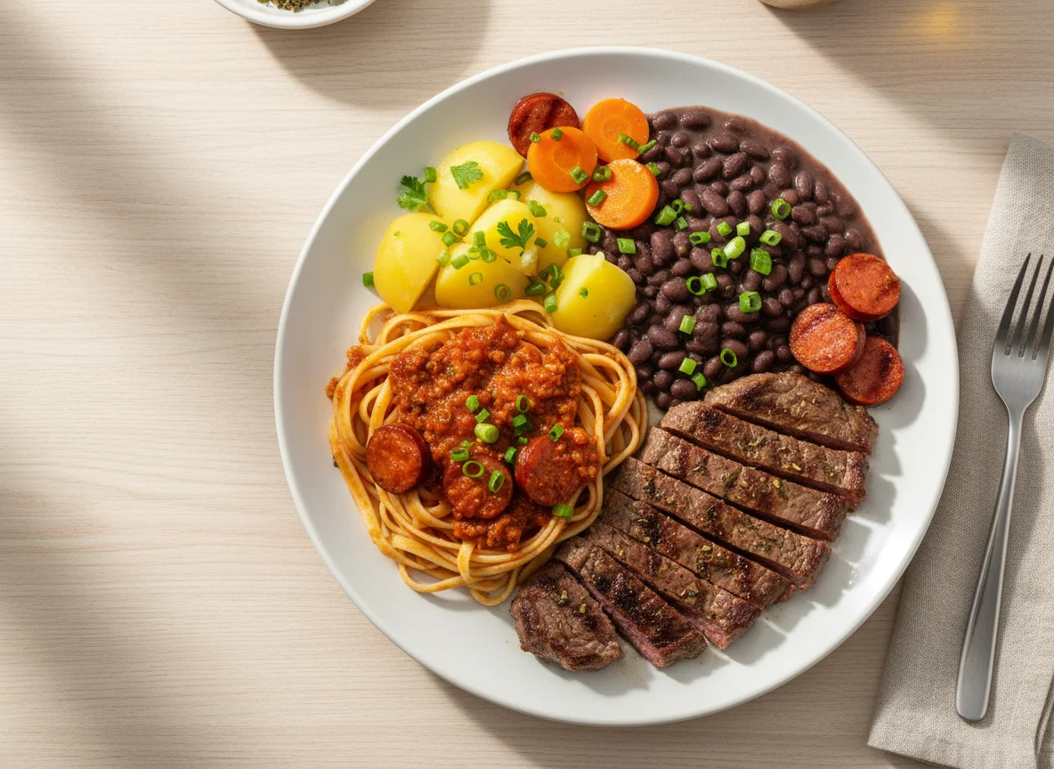 Prato completo com carne, massa, batatas e feijão photo