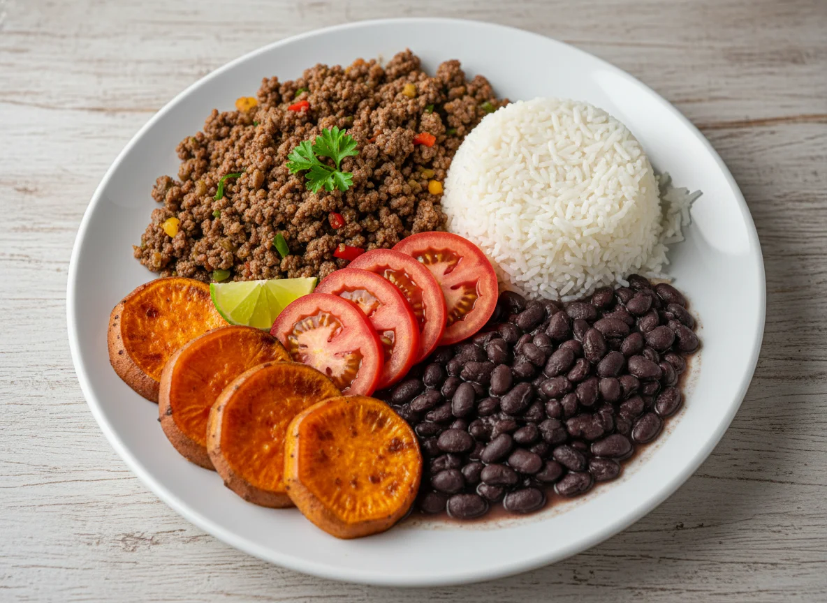 Prato completo com carne moída photo