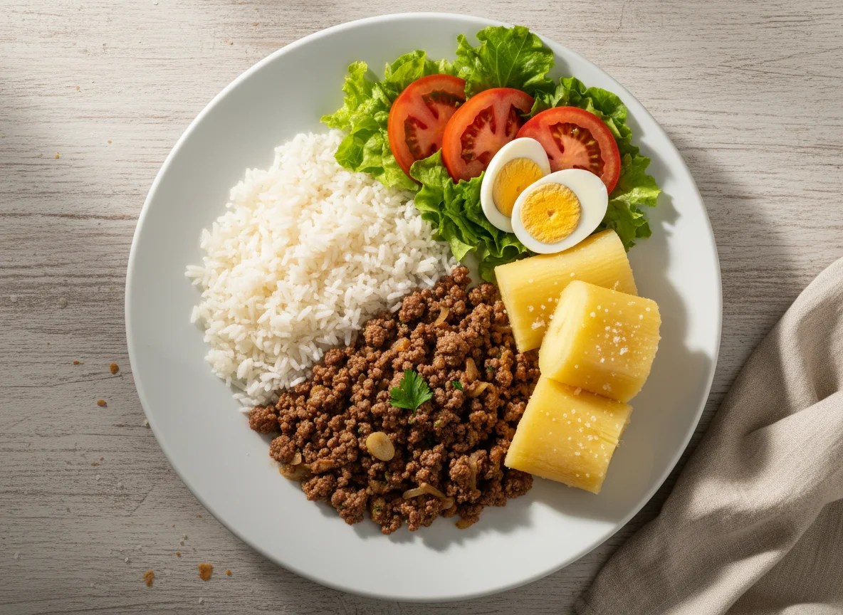 Prato completo com carne moída, arroz, aipim e salada photo