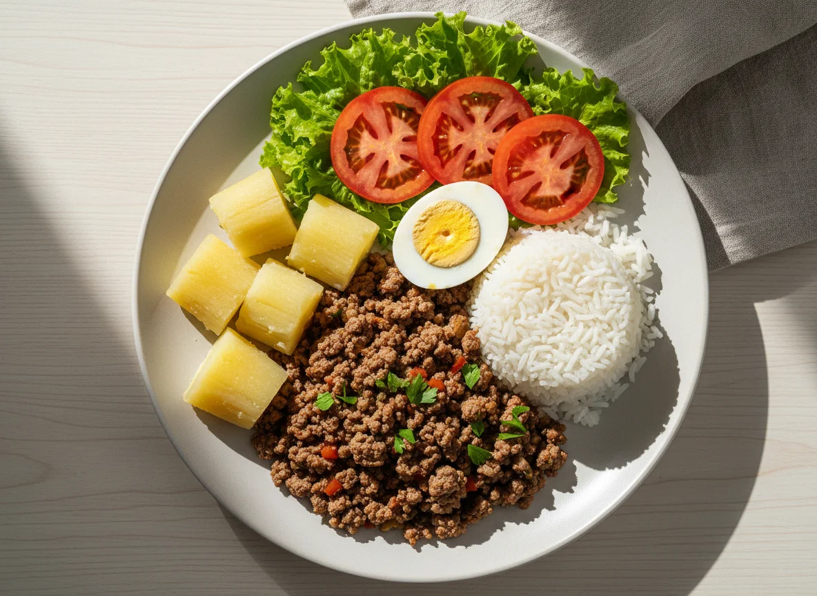 Prato completo com carne moída, arroz, aipim, ovo e salada photo
