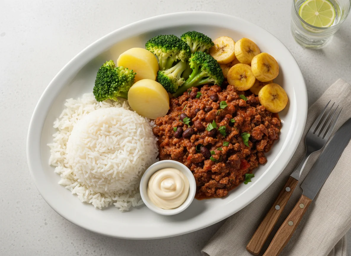 Prato completo com carne moída, arroz, brócolis e banana photo