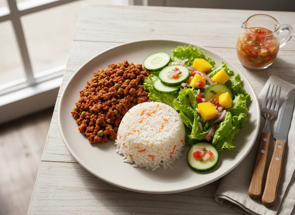Prato completo com carne moída, arroz e salada photo
