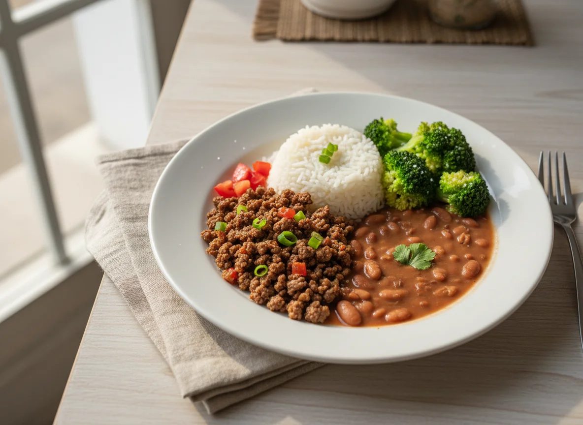 Prato completo com carne moída, arroz, feijão e brócolis photo