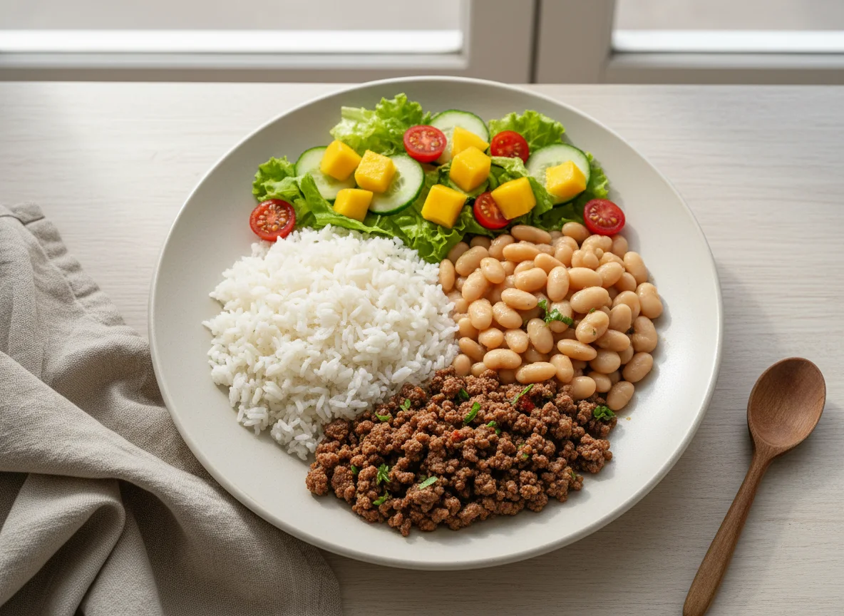 Prato completo com carne moída, arroz, feijão e salada de manga photo