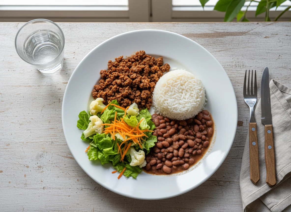 Prato completo com carne moída, arroz, feijão e salada photo