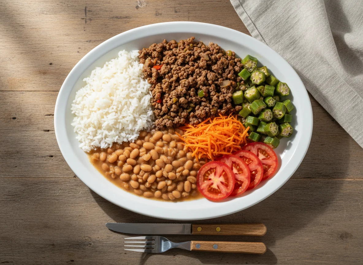 Prato completo com carne moída, arroz, feijão e vegetais photo