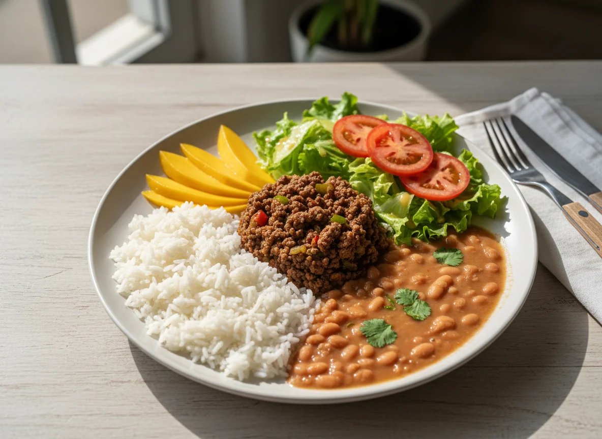 Prato completo com carne moída, arroz, feijão, salada e manga photo