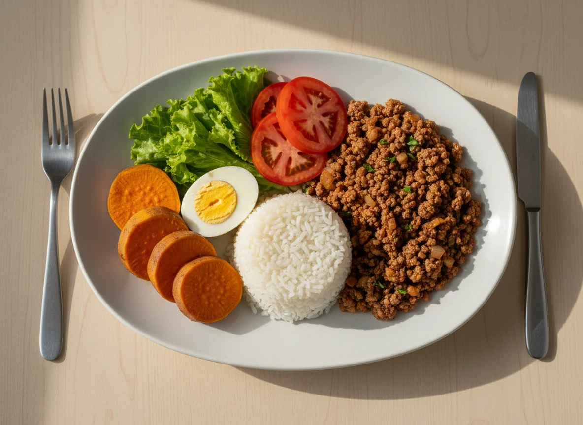 Prato completo com carne moída e acompanhamentos photo