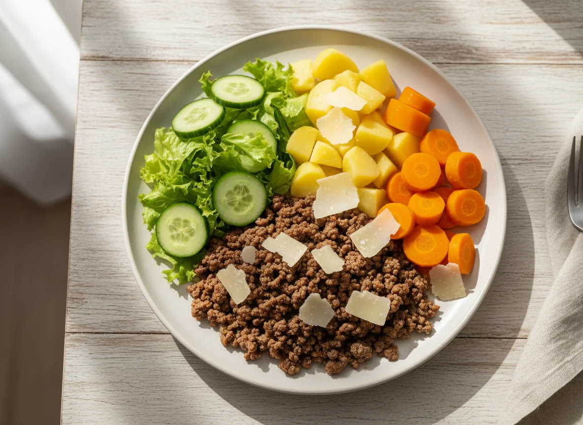 Prato completo com carne moída e salada photo