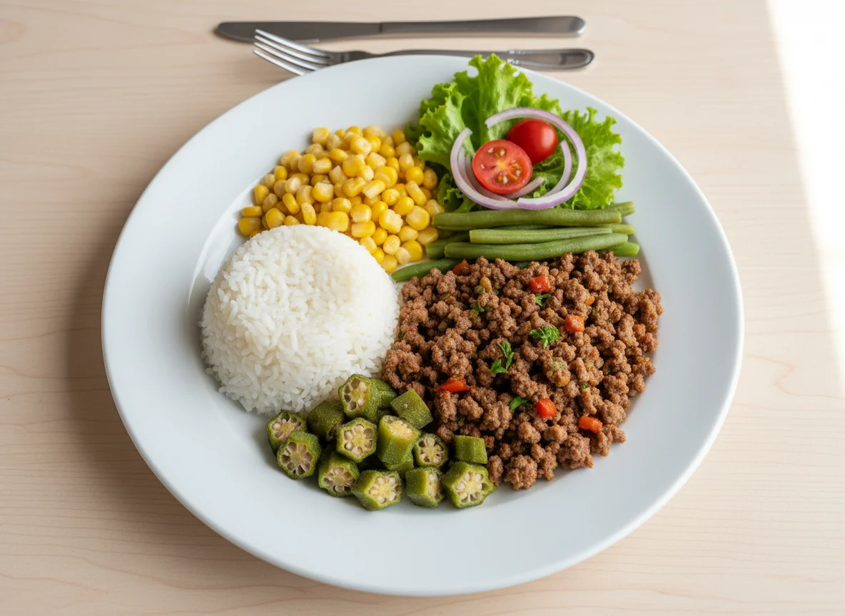 Prato completo com carne moída e vegetais photo