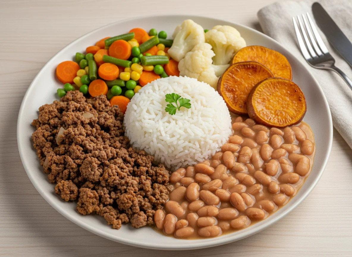 Prato completo com carne moída, feijão, arroz e legumes photo